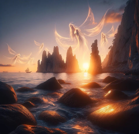 A Serene Seaside Landscape at Twilight: This image captures the mythical ambiance of the Sirens' island with a golden sunset over the sea, rocky cliffs, and ethereal figures of the Sirens in the distance.