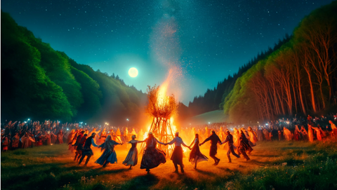 Beltane Festival Scene: Depicts people in Celtic costumes dancing around a large Bel fire at night, capturing the communal spirit of the celebration.