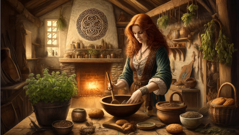 Welsh Witch Preparing Blessed Bannocks: Features a Welsh witch in a rustic kitchen preparing bannocks, surrounded by herbs and Celtic symbols.