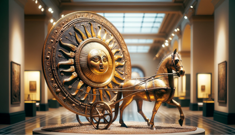 The Trundholm Sun Chariot: A close-up of the historic Trundholm Sun Chariot, featuring a detailed golden sun disc on a chariot pulled by a bronze horse.