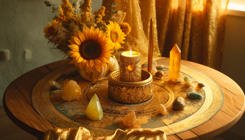 Ritual Altar for Sol: An altar adorned with gold and yellow fabrics, sunflowers, and crystals like sunstone and citrine, centered around a burning golden candle.