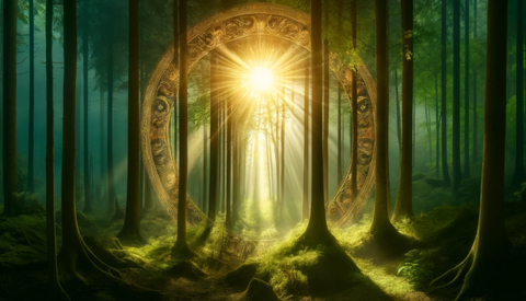 Sunlit Forest Scene: A serene nature scene depicting a forest bathed in sunlight, symbolizing Sol's life-giving energy, perfect for meditation and connection with the divine.
