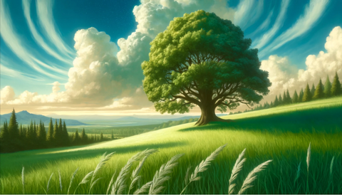 Grounding in Taurus: A tranquil landscape featuring a lush green meadow stretching towards the horizon under a broad blue sky, with a robust oak tree symbolizing stability.