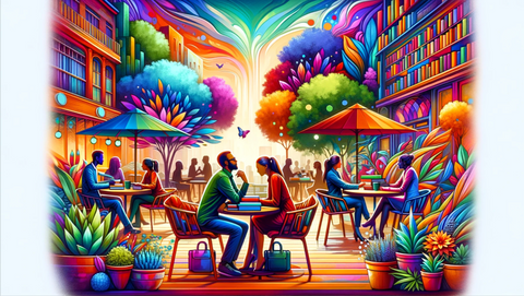 Gemini's Social Vibes: A vibrant outdoor café scene with two individuals deep in conversation, surrounded by books and vibrant plants, reflecting the lively intellectual exchange typical of Gemini.