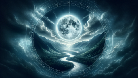 Sagittarius Full Moon: A panoramic view of a mystical landscape under a full moon, highlighting themes of adventure and exploration associated with Sagittarius.
