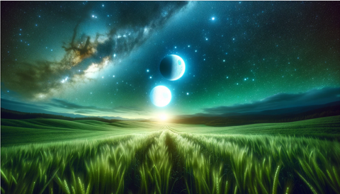 Jupiter and Uranus Conjunction in Taurus: A panoramic night scene showcasing two bright planets close together in the sky, viewed from a verdant meadow, symbolizing breakthroughs and new opportunities in finance and personal values.