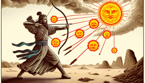 Hou Yi with a powerful stance, drawing his bow as nine suns fall from the sky.
