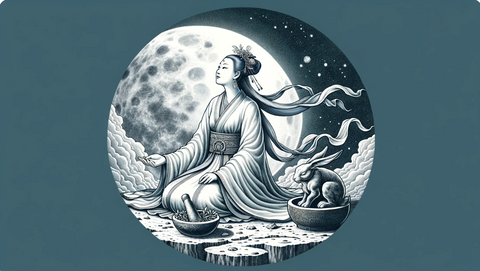 Chang'E on the Moon with the Jade Rabbit: Showing Chang'E in a serene pose on the moon with the Jade Rabbit beside her.
