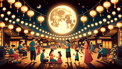 Mid-Autumn Festival: A festive scene with families gathered under lanterns, sharing mooncakes, and gazing at the full moon