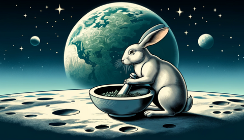 an illustration of the Lunar Hare, focusing on its role in Chang'E's legend