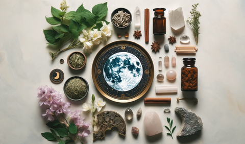 photographic flat lay of the herbs and crystals associated with Chang'E. The composition includes jasmine, sandalwood, mugwort, moonstone, selenite, and clear quartz