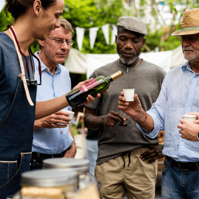 Three men sampling wine