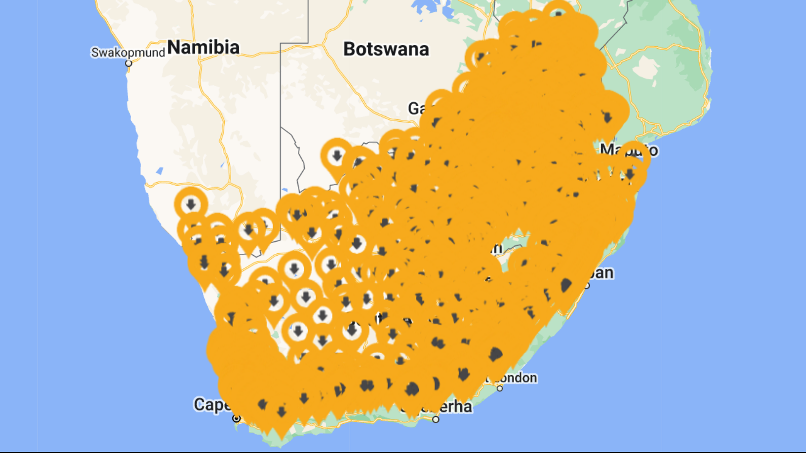 Map of the different pudo locations