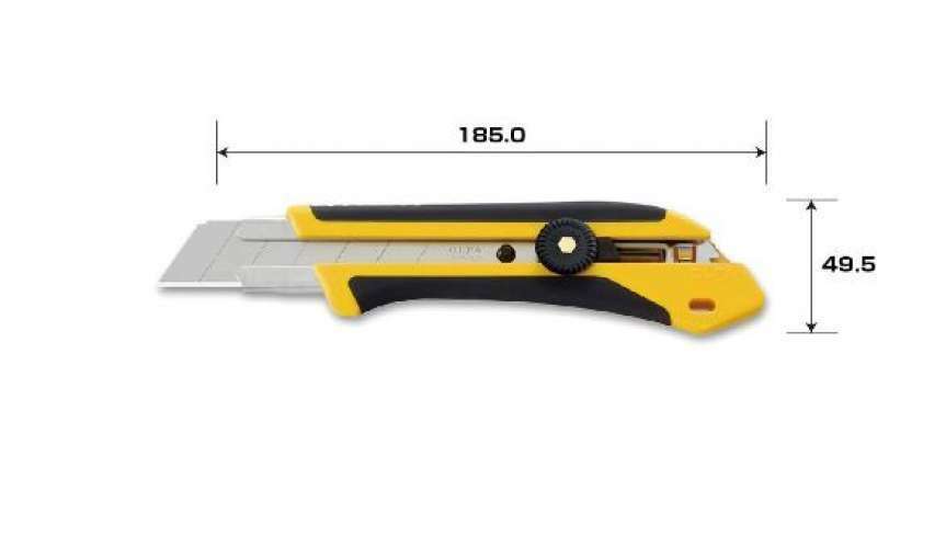 Price For: Each Blade Material: Carbon Steel Features: Ratchet Wheel Blade Lock Stores: No Storage Application: For Cutting Leather, Rubber, Cardboard, Rope, Paper, Carpet, Fiberglass, Acetates, Linoleum, Plastic Item: Snap-Off Utility Knife Overall Length: 6-3/4" Overall Width: 3/4" Overall Thickness: 1/2" Blade Change: Slide Open Number of Segments: 7 Handle Type: Cushion Grip Duty Rating: Extra Heavy Duty Handle Color: Yellow Blade Width: 25mm Number of Blades Included: 1 Handle Material: Plastic Country of Origin (subject to change): Japan