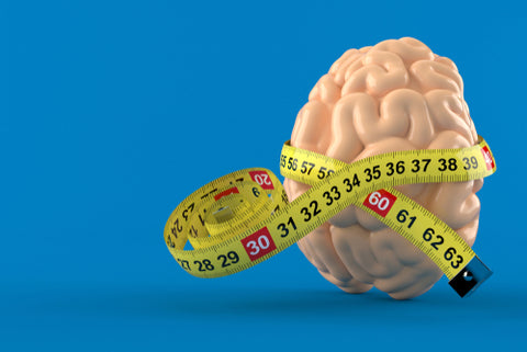 Brain with tape measure on blue background brain volume concept