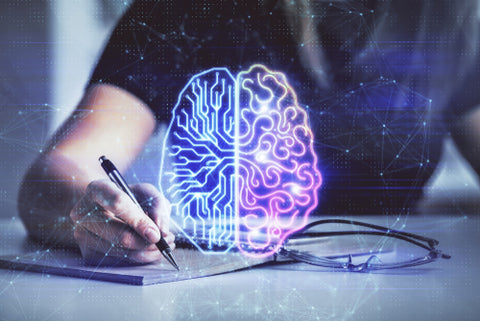 Multi exposure of woman's writing hand on background with brain hologram learning concept