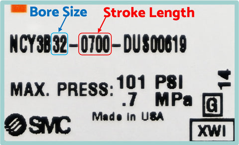 cylinder part number with bore size highlighted in blue and the stroke length highlighted in red.