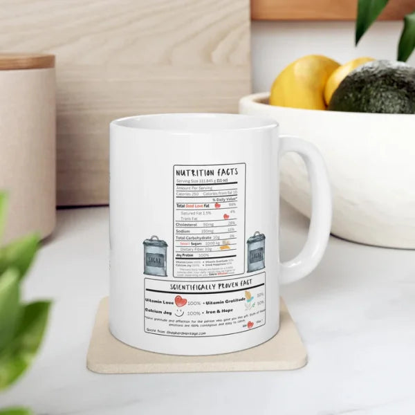 A mug featuring the phrase "Writing a letter to your future self," highlighting the unique Sheperd Heritage design.