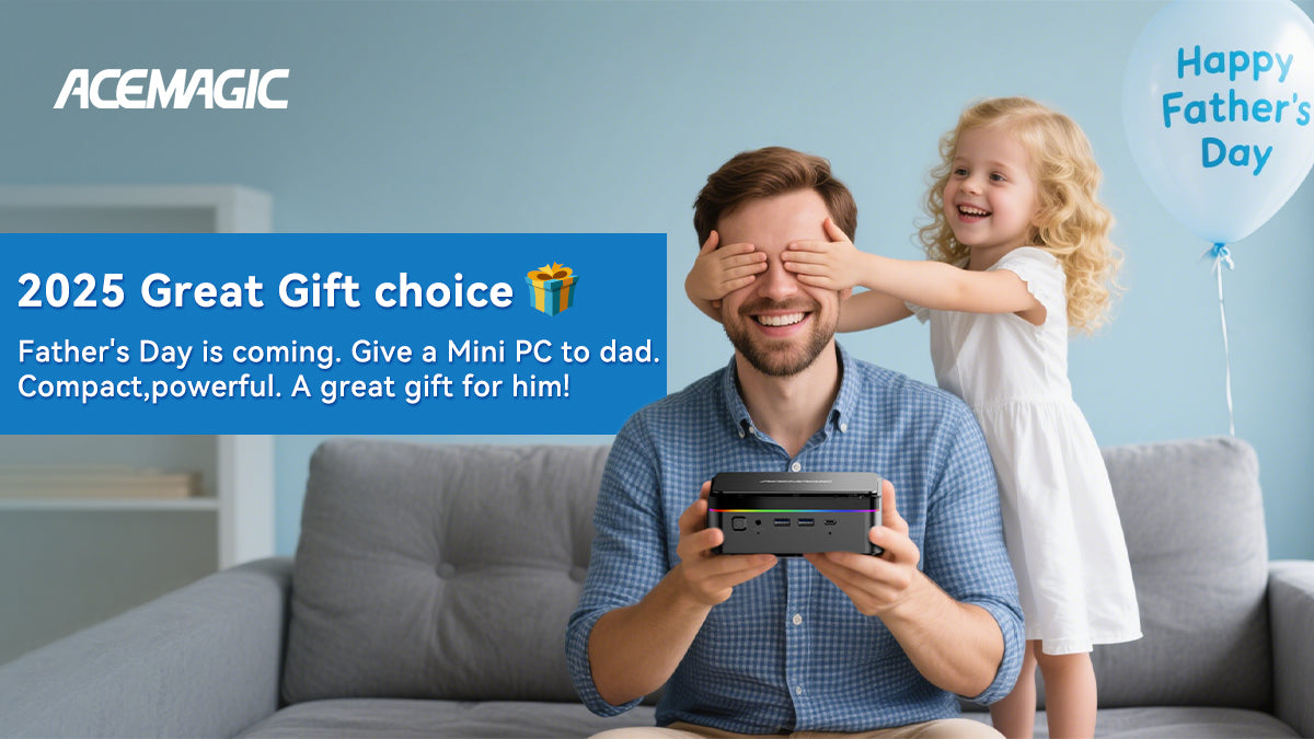 Father and daughter celebrating Father's Day with ACEMAGIC F3A Mini PC.