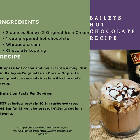 baileys hot chocolate recipe card