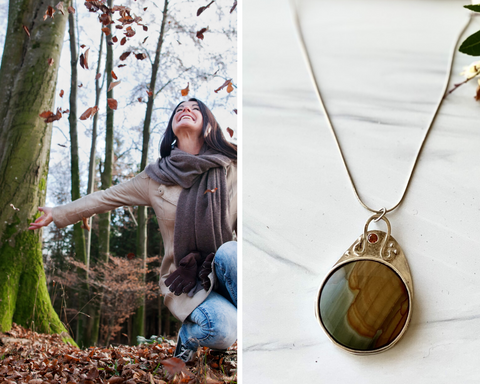 woman-kneeling-in-leaves-landscape-jasper-sterling-silver-pendant