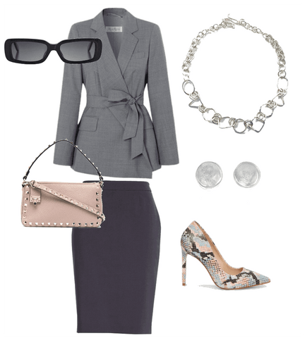 Gray blazer with black skirt, sterling silver geometric necklace and stud earrings by Candace Stribling Jewelry