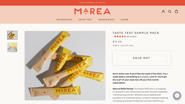sold out product state on Marea product page