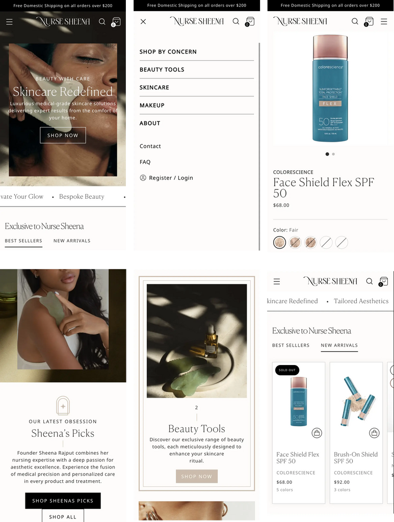 Beauty shopify store Nurse Sheena (now Bespoke Beauty) uses this stiletto theme, screenshots of multiple pages shown
