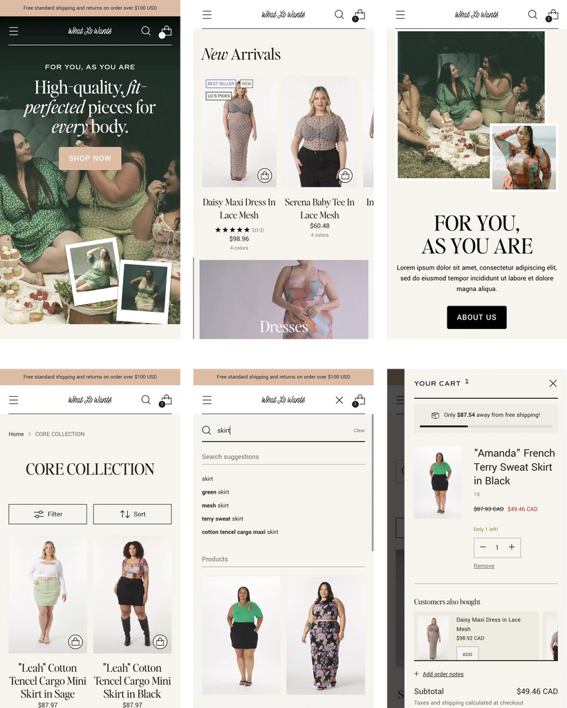 Fashion shopify store WhatLoWants uses this stiletto theme, screenshots of multiple pages shown