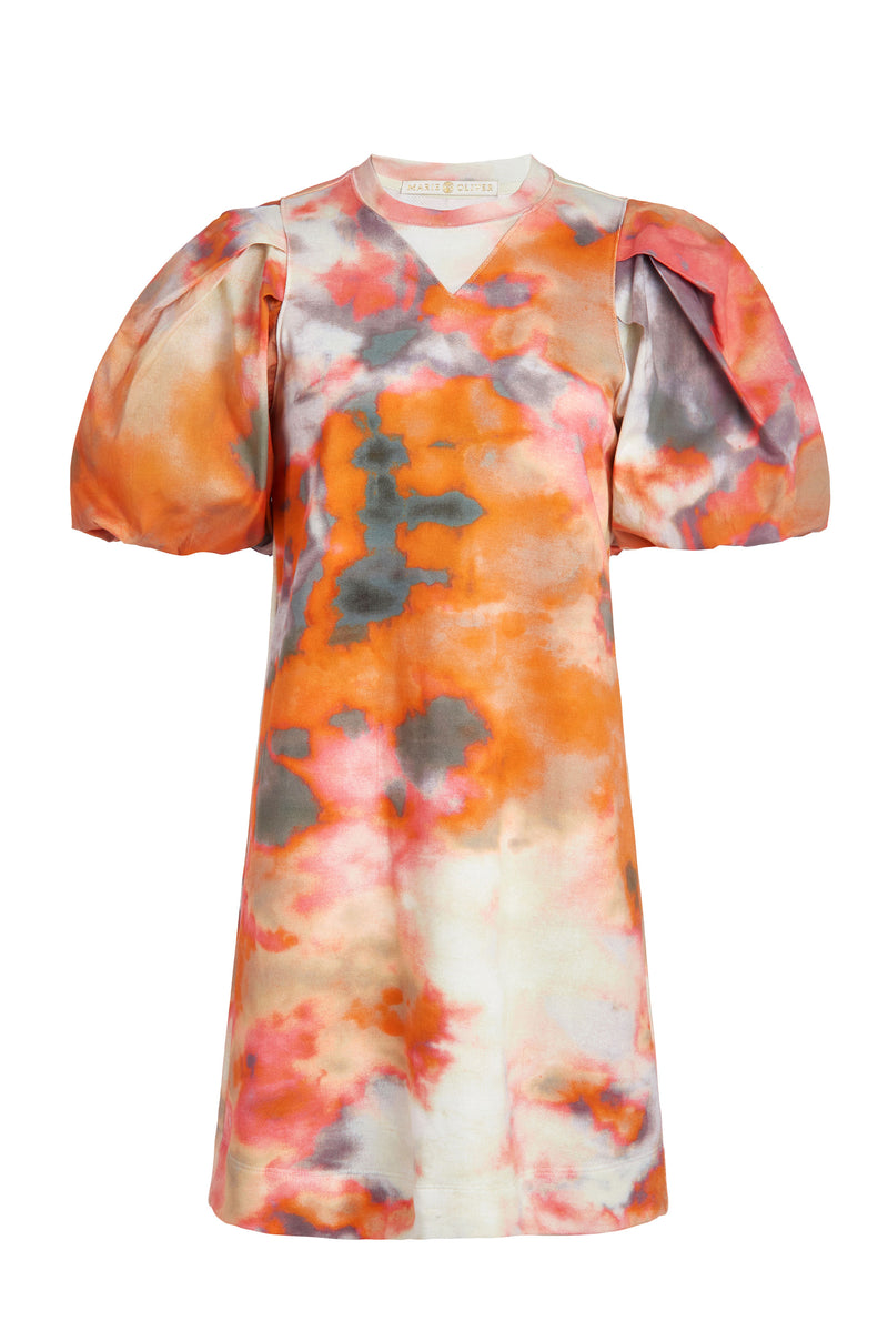 bright watercolor printed sweatshirt dress with puffy short sleeves 