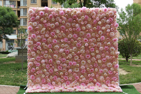 The pink champagne peony fabric flower wall looks cute and romantic.