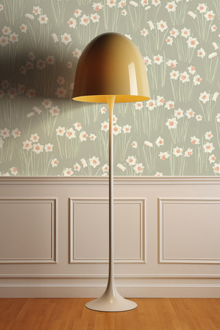 Daffodil sage wallpaper with lamp and wainscoating