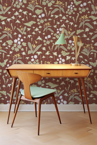 Forest Blooms Brown wallpaper. Designed by Kate Golding.