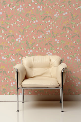 Forest Blooms Pink wallpaper with cream chair. designed by Kate Golding