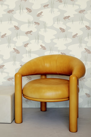 Spring peeper frog wallpaper with vintage chair. Design by Kate Golding.