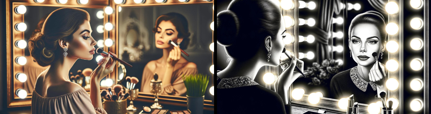 Ai generated image of globe LED light bulbs in a vanity with a lady doing her makeup