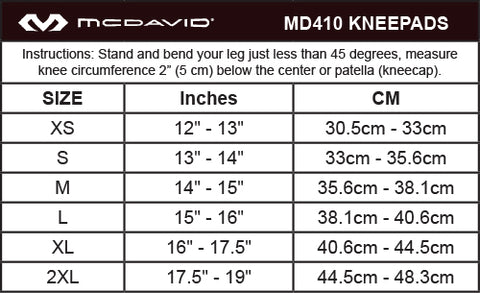 McDavid MD410 Kneepad Size Chart