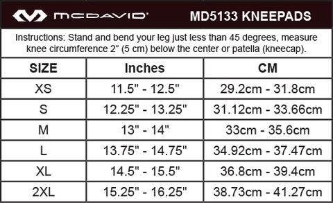 McDavid MD5133 Kneepad Size Chart