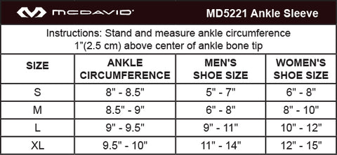 McDavid MD5221 Ankle Sleeve Size Chart