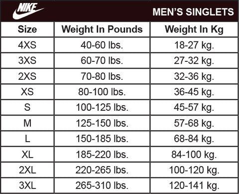Nike Men's Singlet Size Chart