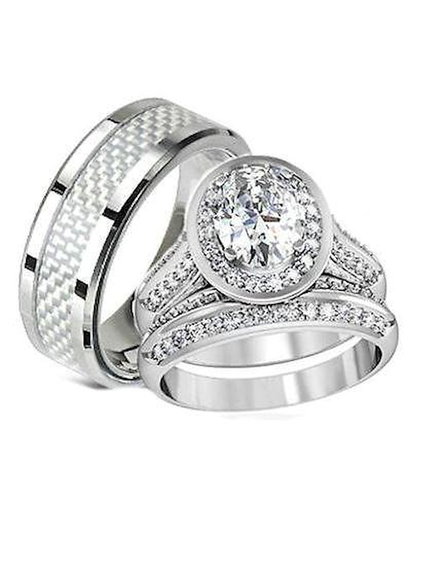 His Hers Halo Cz Matching Wedding Ring Set Stainless Steel