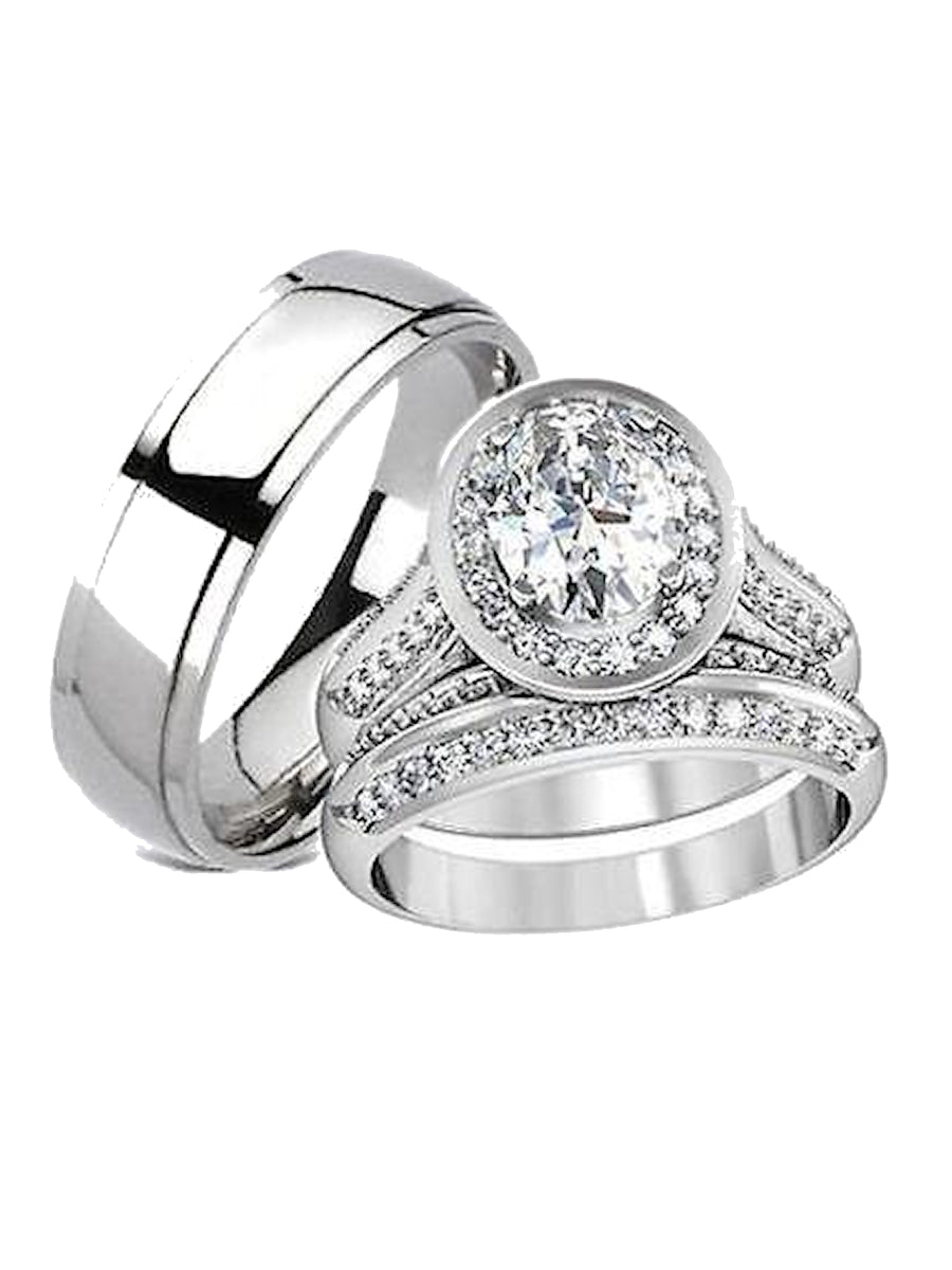 His Hers Halo Cz Matching Wedding Ring Set Stainless Steel & Titanium ...