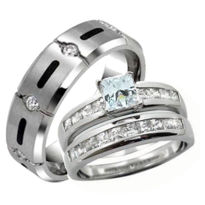 His Hers Cubic Zirconia Wedding Ring Set Sterling Silver & Titanium Wedding Rings