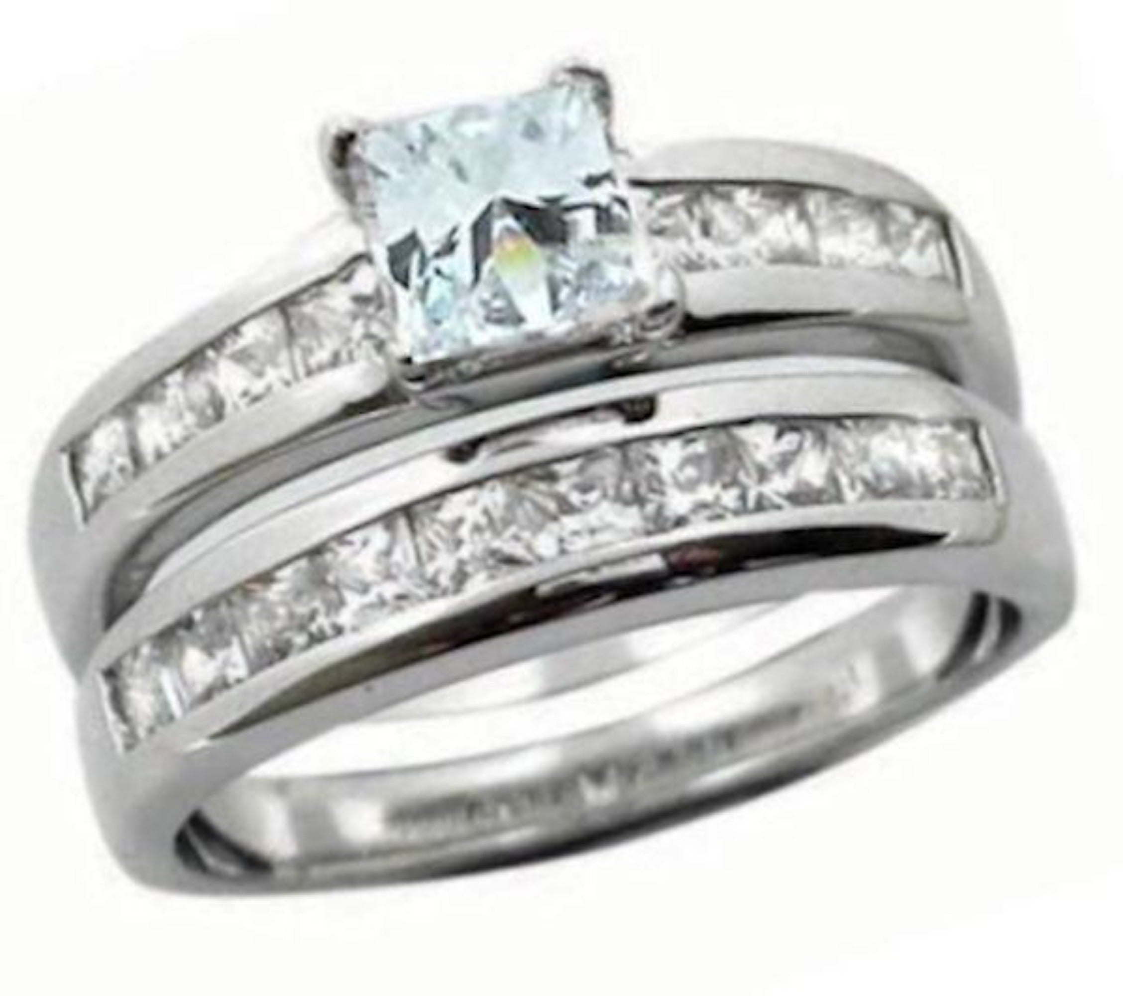 Women's 2 Piece Princess Cut CZ Wedding Ring Set Sterling Silver