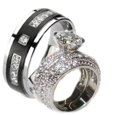 His Hers 3 20 Ct Cz Wedding Ring Set Stainless Steel Black Plated