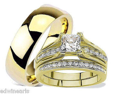 His Hers Cubic Zirconia Yellow Gold Plated Stainless Steel Titanium Wedding Ring Set