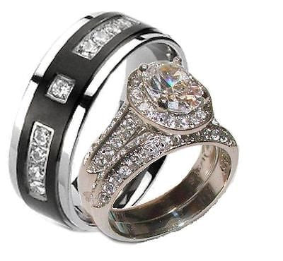 His Hers Halo Cz Wedding Ring Set Stainless Steel & Black Plated Titanium