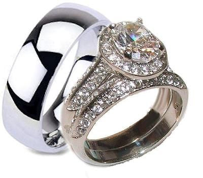 His Hers Halo Cz Wedding Ring Set Stainless Steel & Titanium Rings