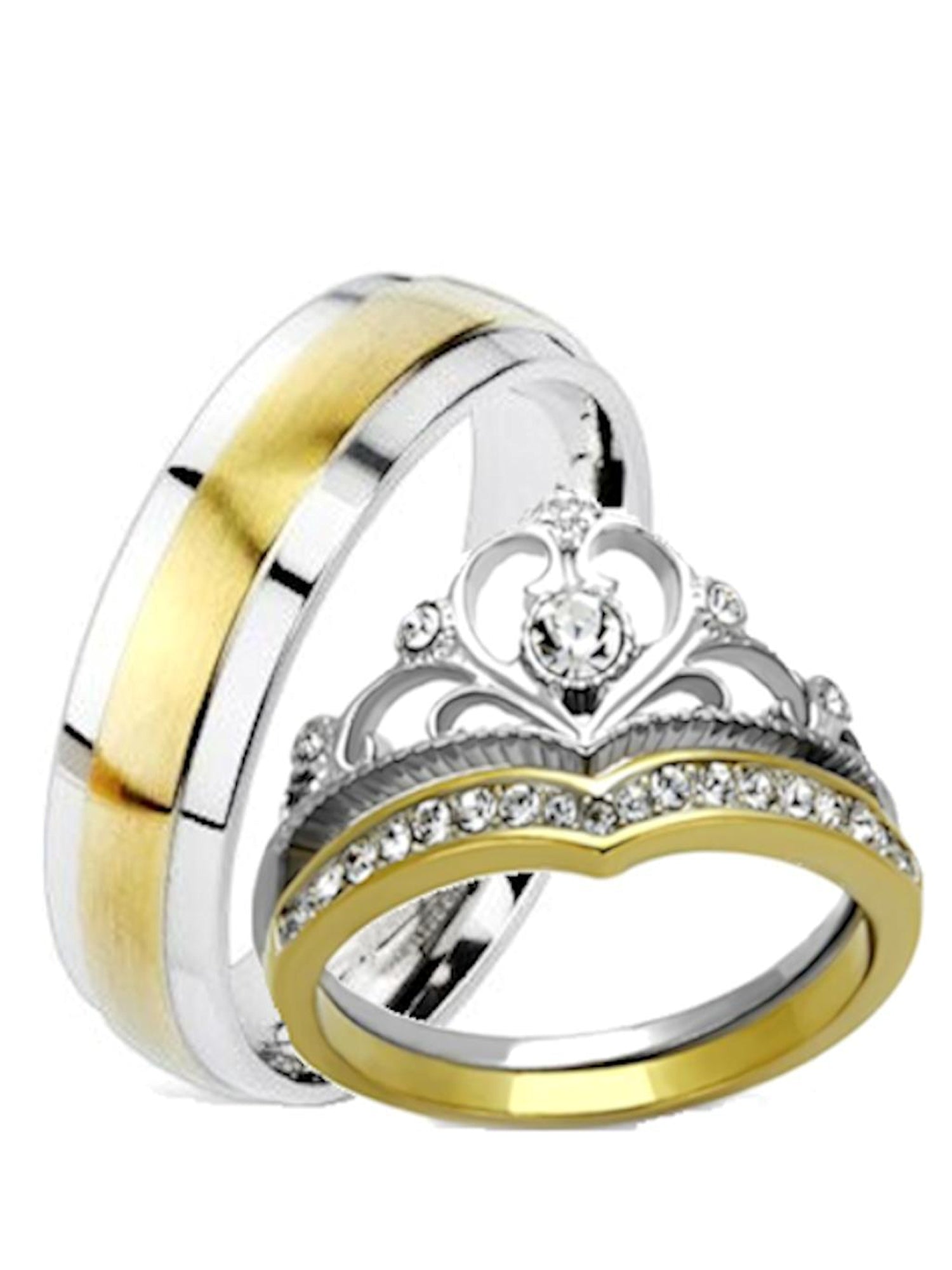 Edwin Earls His Hers 3 Piece Yellow Gold Plated CZ Crown Style Stainless Steel Wedding Ring Set