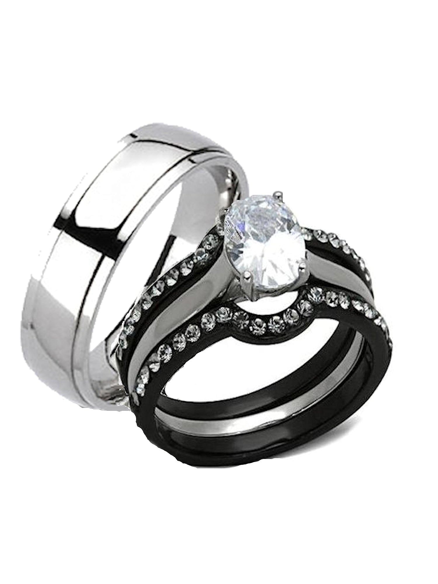 His Hers 4 Piece CZ Black Plated Stainless Steel & Titanium Matching Wedding Band Ring Set